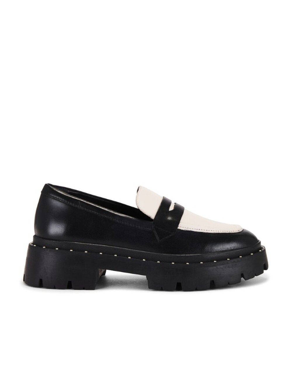 Schutz Christie Flat in Black & Pearl platform leather loafer